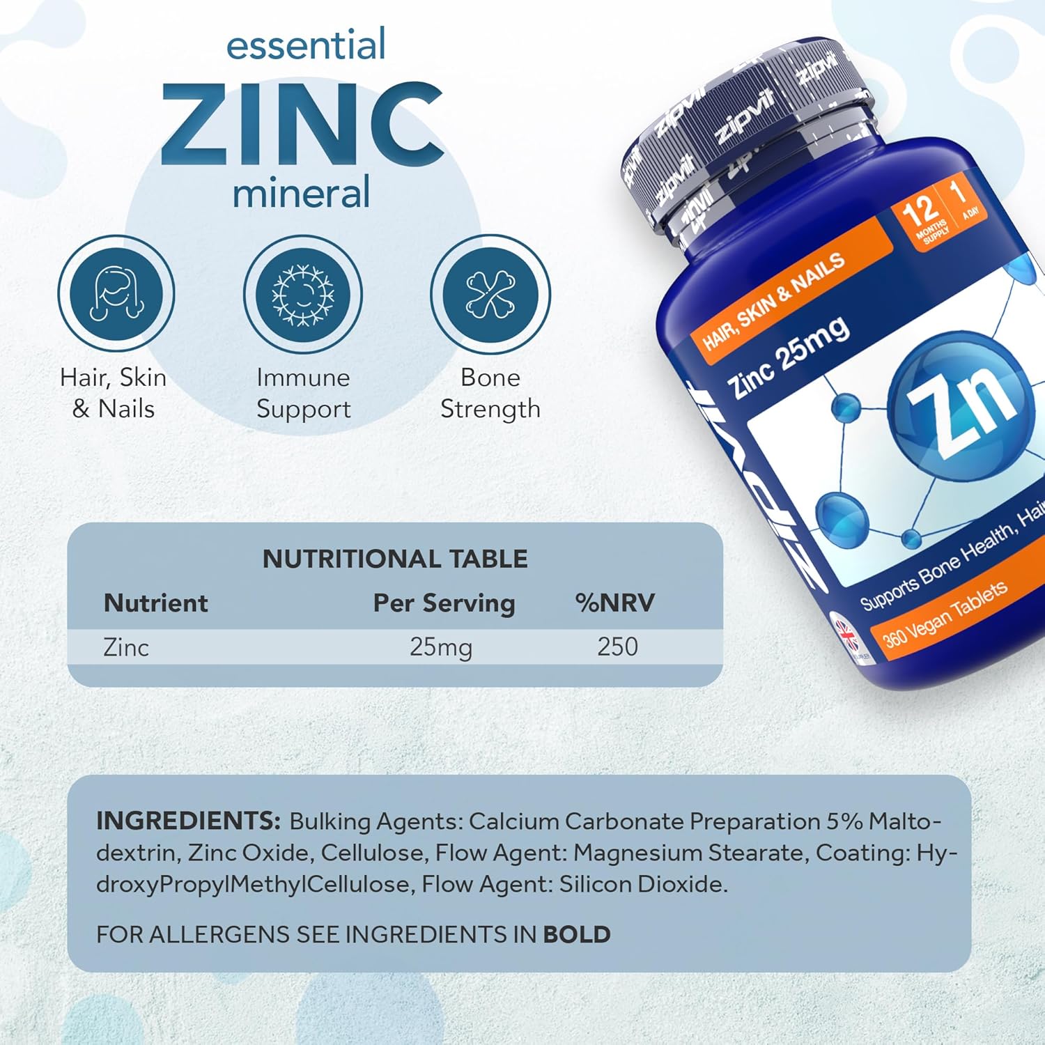 Zipvit Zinc 25mg Pouch, 12 Months Supply, Recommended Dose Zinc Supplement, Supports Hair, Skin, Nails, Bones & Vision, Promotes Immunity, Fertility & Reproduction for Men & Women, 360 Vegan Tablets : Amazon.co.uk: Health & Personal Care