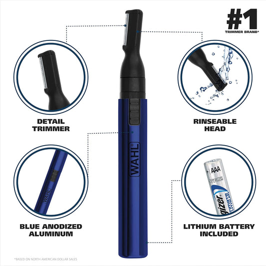 Wahl Lithium Pen Detail Trimmer With Interchangeable Heads For Nose, Ear, Neckline, Eyebrow, & Other Detailing – Rinseable Blades For Hygienic Grooming & Easy Cleaning – Blue – Model 5643-400