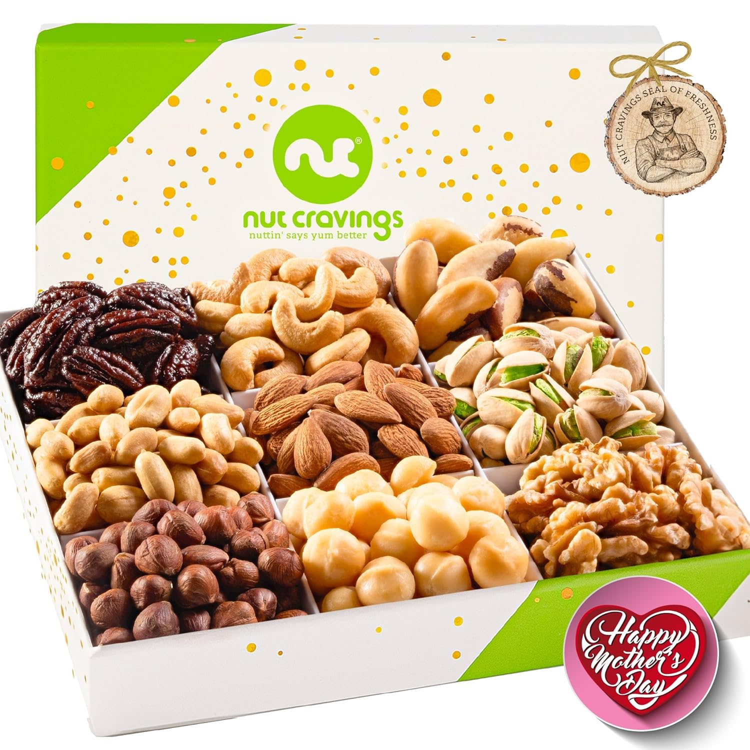Nut Cravings Gourmet Collection - Mothers Day Mixed Nuts Gift Basket in White Gold Box (9 Assortments) Arrangement Platter, Birthday Care Package - Healthy Kosher USA Made