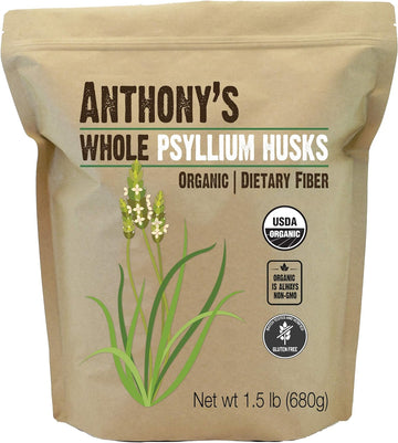 Anthony'S Organic Whole Psyllium Husks, 1.5 Lb, Dietary Fiber, Gluten Free, Non Gmo, Keto Friendly