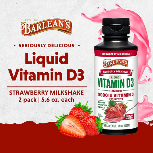 Barlean's Pack of 2 Liquid Vitamin D Supplement for Kids and Adults with 5000 IU D3, Strawberry Milkshake Flavored Sugar Free Vitamins for Children, 5.6 oz Each