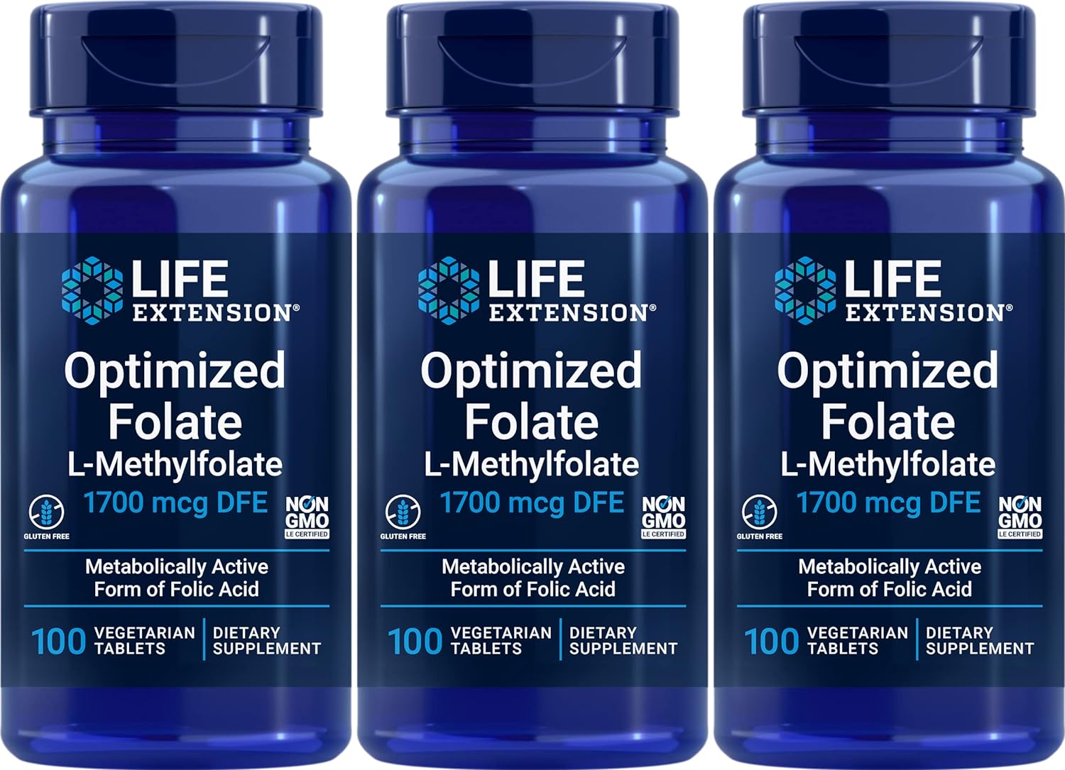 Life Extension Optimized Folate 1700 Mcg Dfe, 100 Vegetarian Tablets (Pack Of 3)
