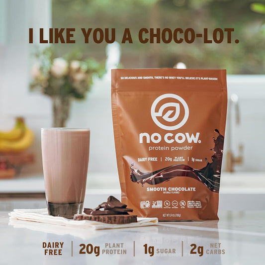 No Cow Vegan Protein Powder, Chocolate, 20G Plant Based Protein, Recyclable Bag, Dairy Free, Soy Free, No Sugar Added, Keto Friendly, Gluten Free, Naturally Sweetened, Non Gmo, Kosher, 1.74 Pound