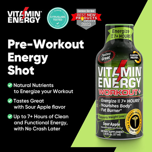 Pre Workout Vitamin Energy Drink - Keto Friendly Sugar Free Shots | Natural Clean Green Tea Caffeine With Proprietary Endurance Blend | Energize Up To 7+ Hours - Sour Apple - 1.93 Fl Oz (Pack Of 48)