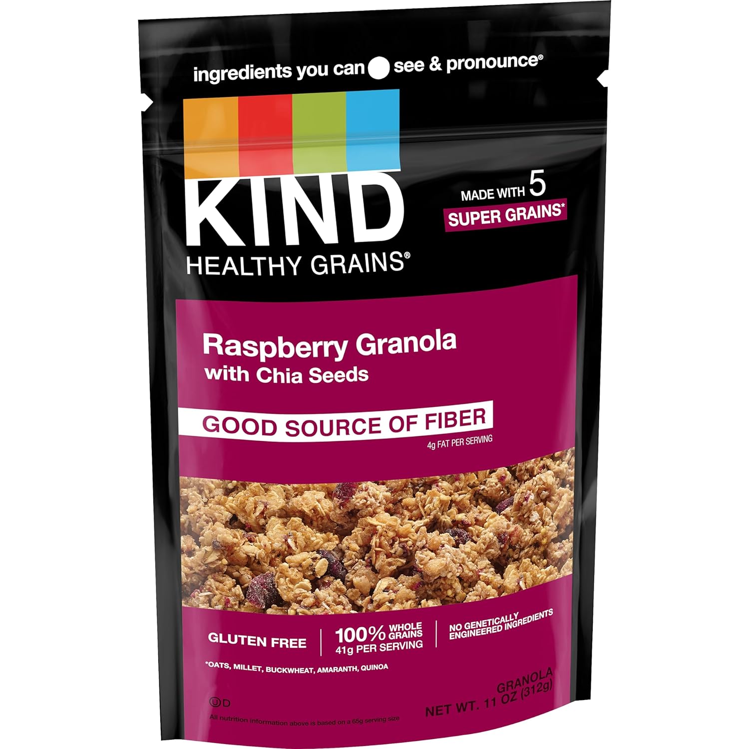 Kind Healthy Grains Clusters, Raspberry With Chia Seeds Granola, Gluten Free, 11 Ounce Bag