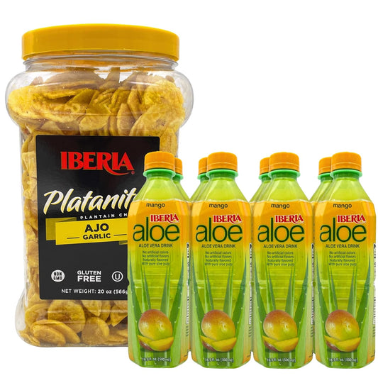 Iberia Garlic Plantain Chips, 20 Oz. + Iberia Aloe Vera Drink with Pure Aloe Pulp, Mango, 16.9 fl oz. (Pack of 8)