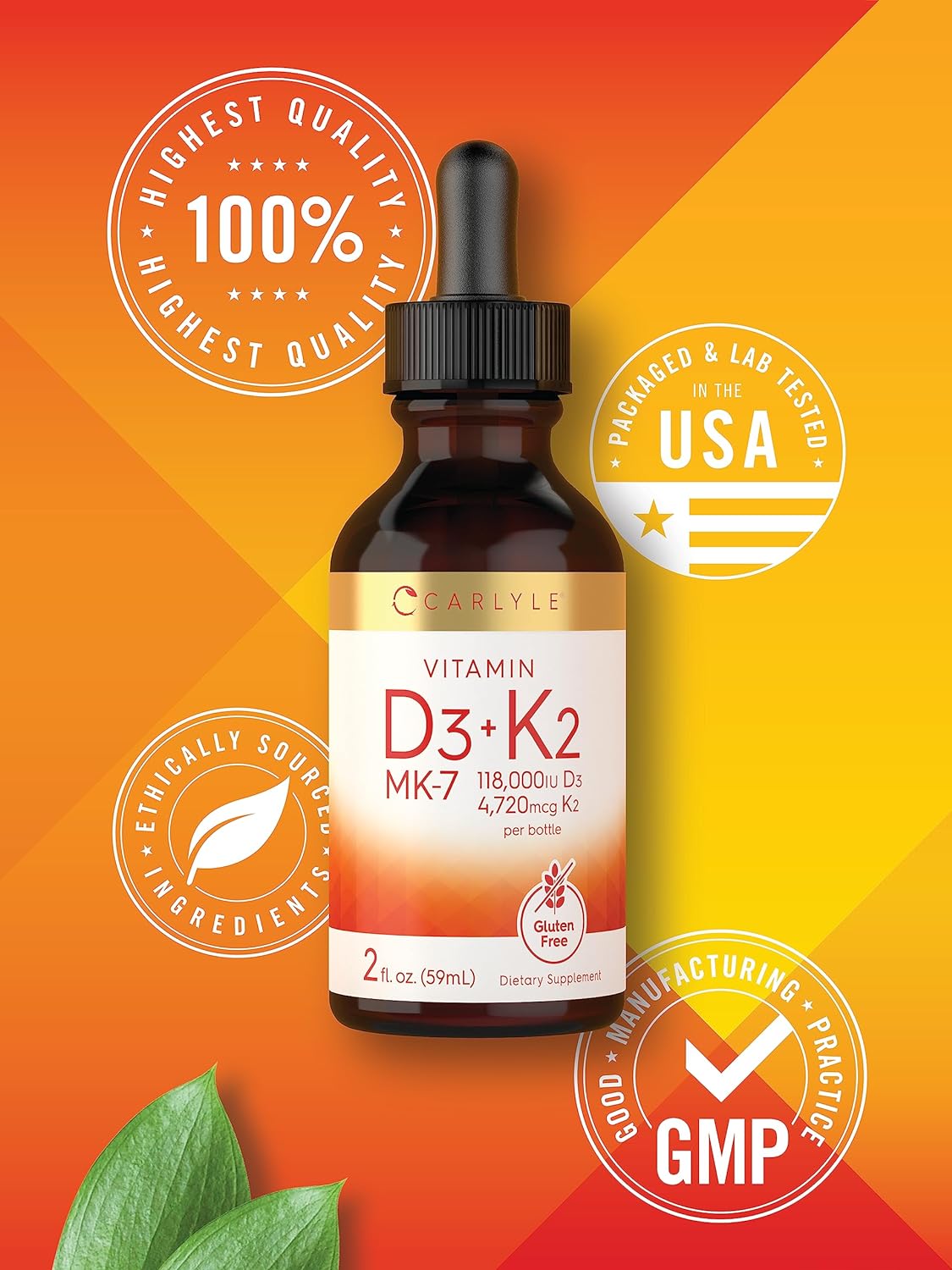 Carlyle Liquid Vitamin D3 with K2 Drops | 2 Fl Oz | MK-7 Supplement | Vegetarian, Non-GMO, Gluten Free : Health & Household