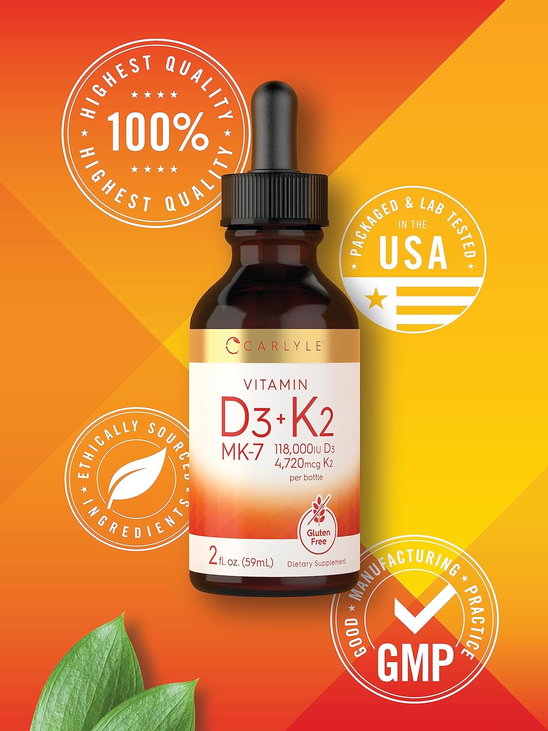 Carlyle Vitamin D3 K2 Liquid | 2 Fl Oz | MK-7 Supplement | Vegetarian, Non-GMO, Gluten Free : Health & Household