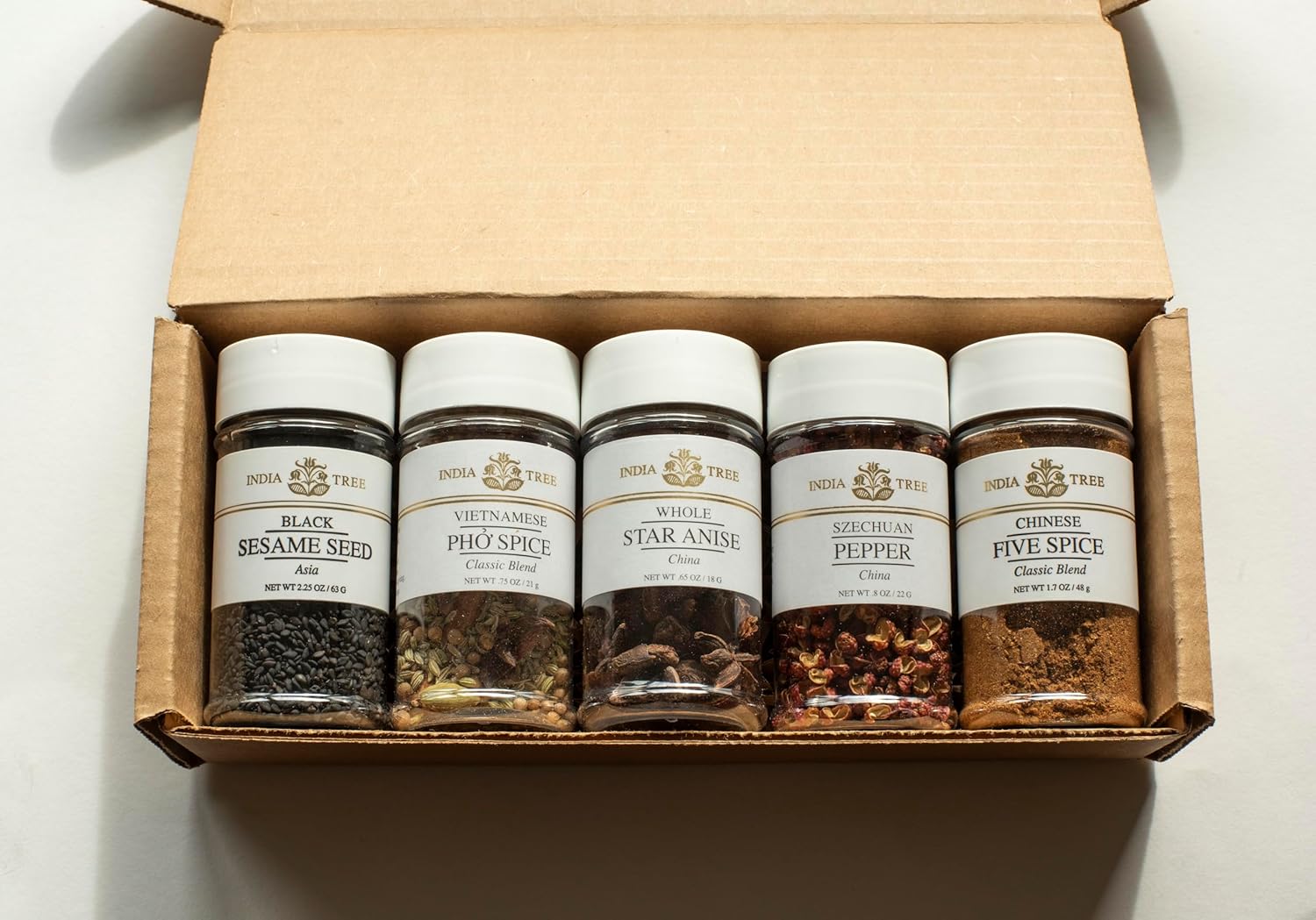 India Tree East Asian Spice Gift Pack - Black Sesame Seeds, Five Spice, Szechuan Pepper, Pho Spice Blend, And Star Anise - 5 Containers