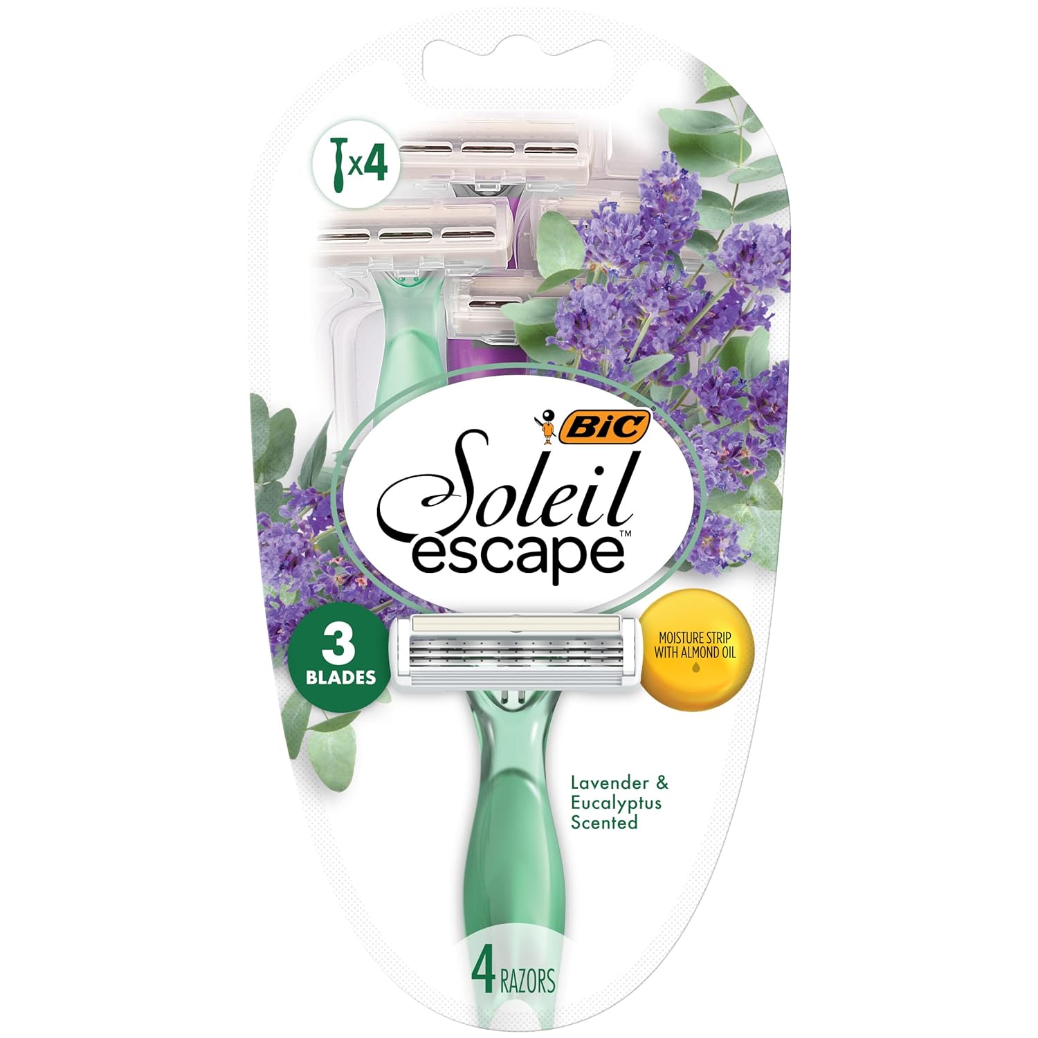 BIC Soleil Escape Women's Disposable Razors, 3 Blade Razor, Moisture Strip With 100% Natural Almond Oil, Lavender and Eucalyptus Scented Handles, 4 Pack Disposable Razors For Women Green