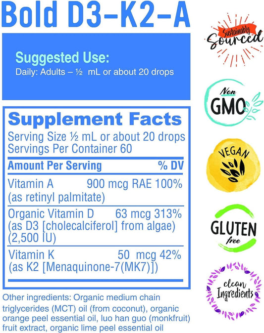 Bold Botanica D3-K2-A, Liquid Vitamin Complex, Vegan Vitamin D3 from Organic Algae with Vitamin K2 (MK7) and Vitamin A for Immune Support, Natural Orange Flavor, Tastes Delicious, 1 FL OZ. (30mL)