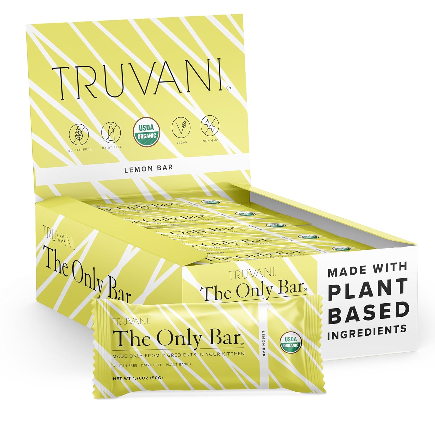 Truvani Plant Based Snack Bars | 6G Protein | 12 Pack Lemon Bar | Organic | Vegan | The Only Bar | Dairy, Soy, And Gluten Free | Individually Wrapped