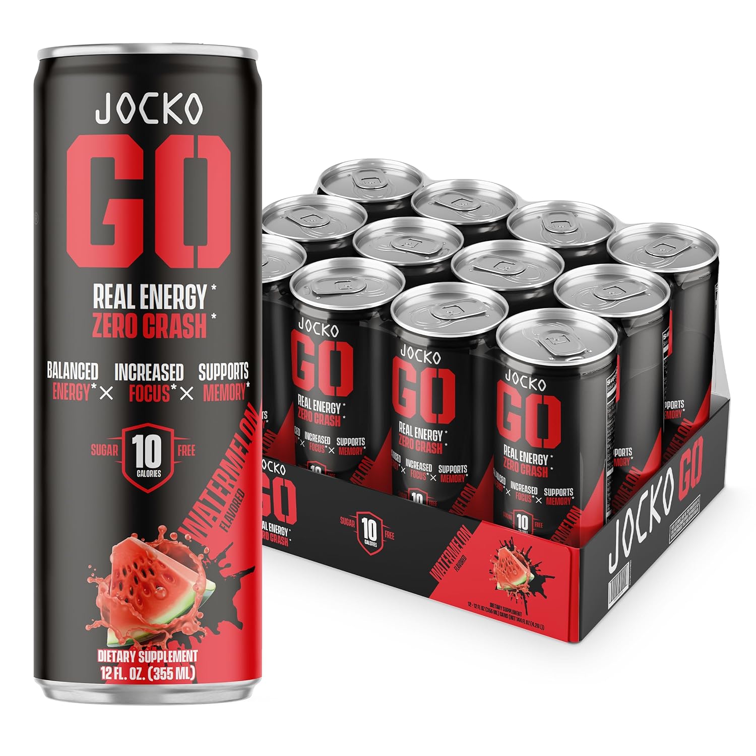 Jocko Go Energy Drink - Keto, Vitamin B12, Vitamin B6, Electrolytes, L Theanine, Magnesium- All Natural Energy Boost, Sugar Free Nootropic Monk Fruit Blend - 12 Pack (Watermelon)