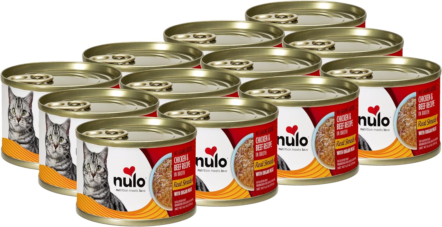 Nulo Grain-Free Real Shreds With Organ Meat Wet Canned Cat & Kitten Food, Chicken And Beef In Broth, 6.0 Ounce, 8 Cans