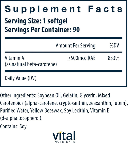 Vital Nutrients - Natural Beta Carotene - Precursor to Vitamin A - Antioxidant - Vision, Skin, and Reproductive Health Support - 90 Softgels per Bottle - 25,000 IU