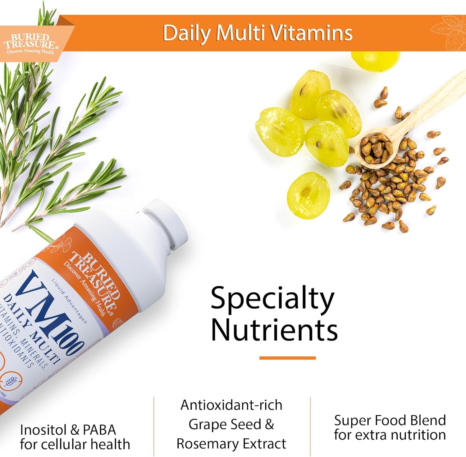 Buried Treasure Vm100 Daily Multi - 32 Servings, Liquid Vitamins Minerals Supplement With Dose Cup : Health & Household