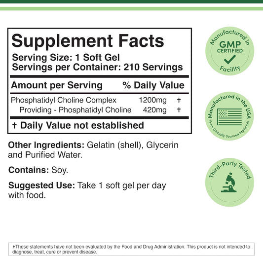 Phosphatidylcholine 1,200 Mg Enhanced Version Of Sunflower And Soy Lecithin | Non - Gmo Support Brain Health (210 Softgels)