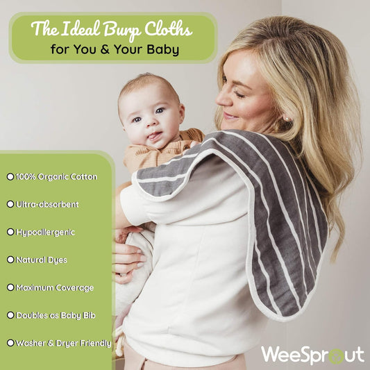 WeeSprout Unisex Organic Towel Cotton Burp Cloths, Set of 4, Four Ultra-Absorbent Layers Keep Clothes Dry, Button Transforms into Baby Bib, Machine Washable & Dryer Safe (Neutral Set, Full)