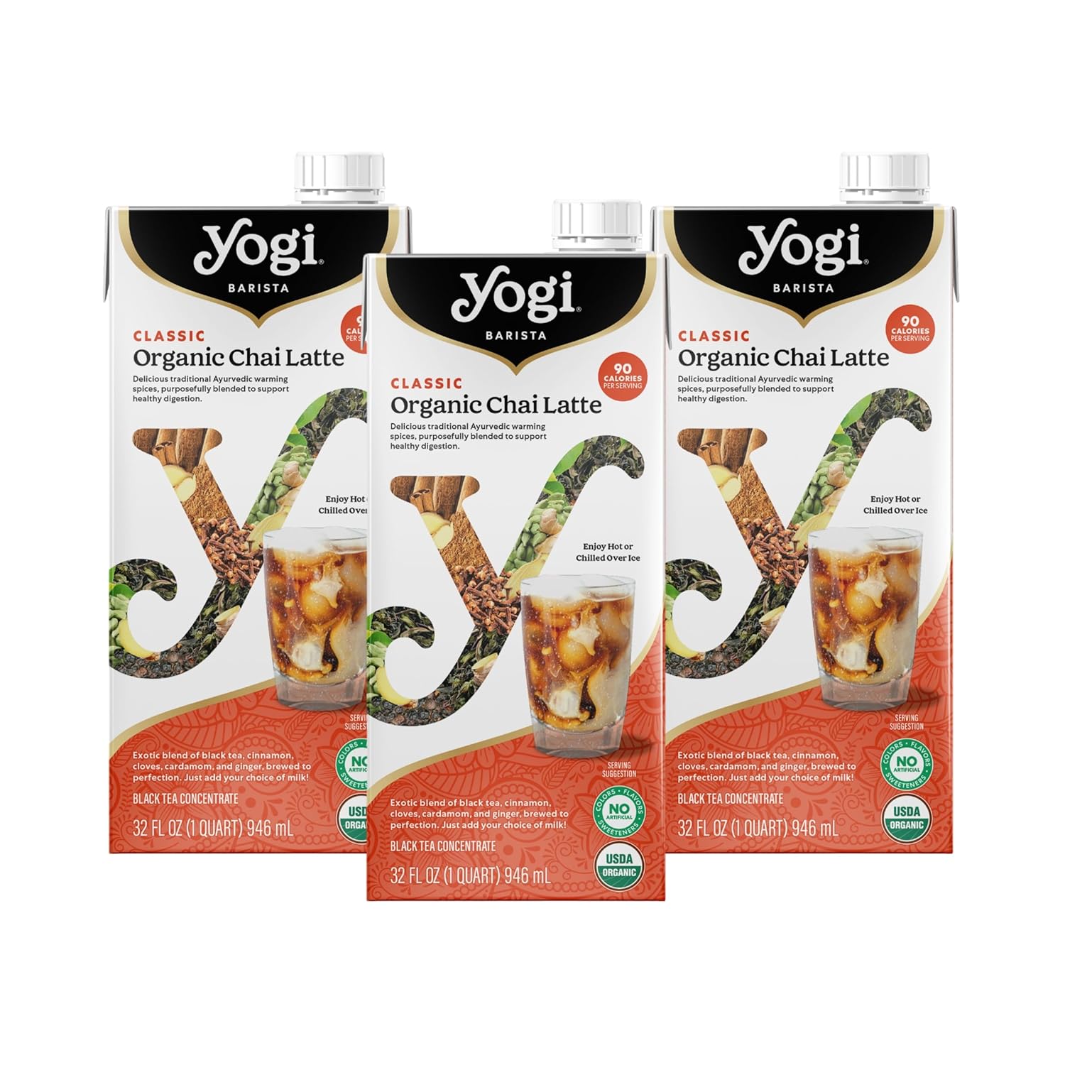 Yogi Barista Classic Organic Chai Latte - 32 Fluid Oz (3 Pack) - Organic Chai Tea Concentrate - Supports Healthy Digestion - Includes Black Tea, Ginger, Cardamom, Cinnamon & More