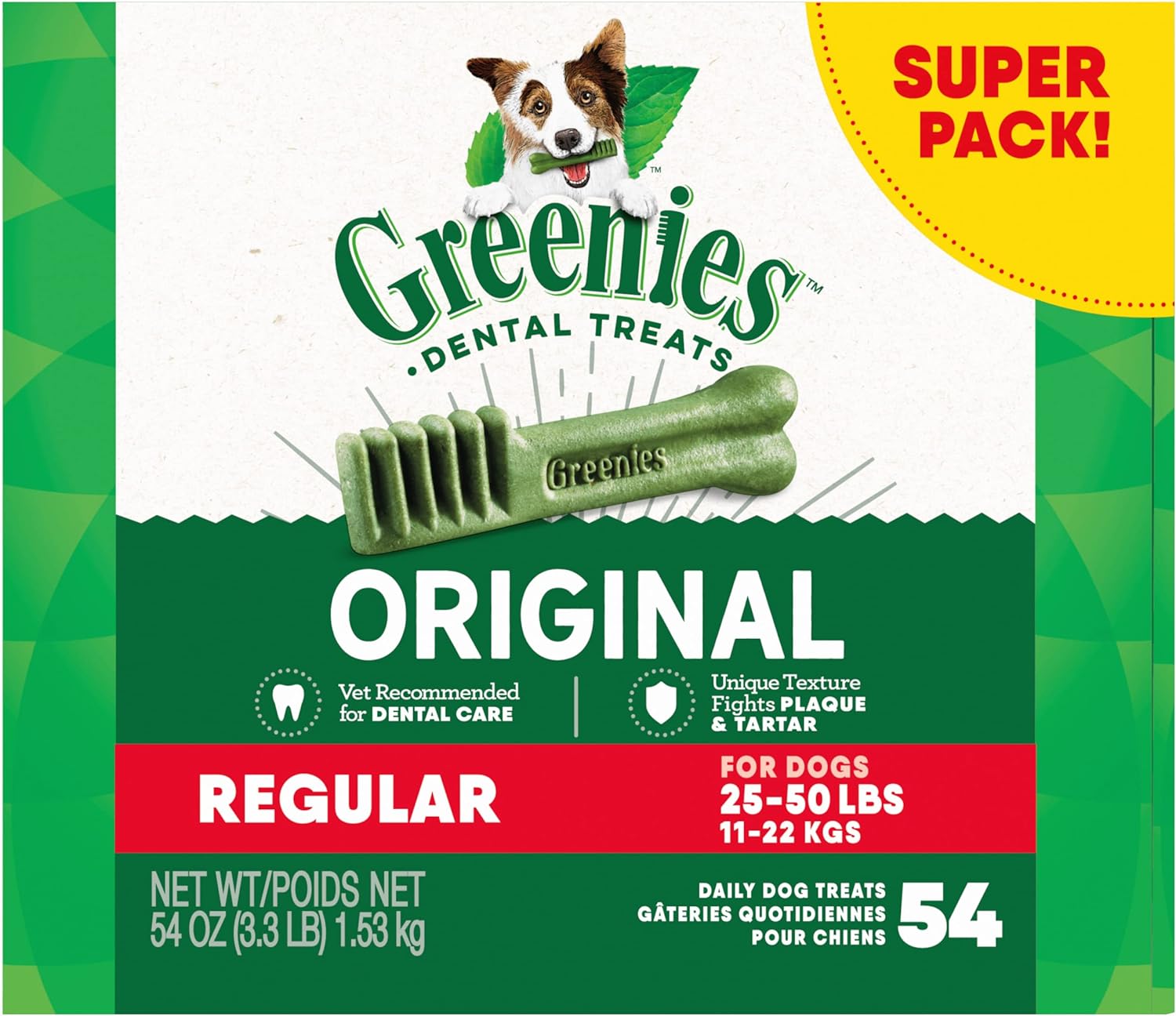 Greenies Original Regular Natural Dental Care Dog Treats, 54 Oz. Pack (54 Treats)