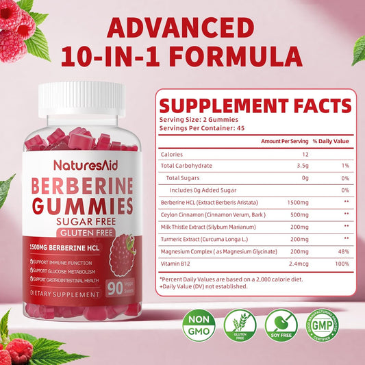 Berberine Gummies With Ceylon Cinnamon 1500Mg High Potency Berberine Hcl Supplement For Immune And Metabolism Support, Sugar Free Organic Berberine Gummies Raspberry Flavor