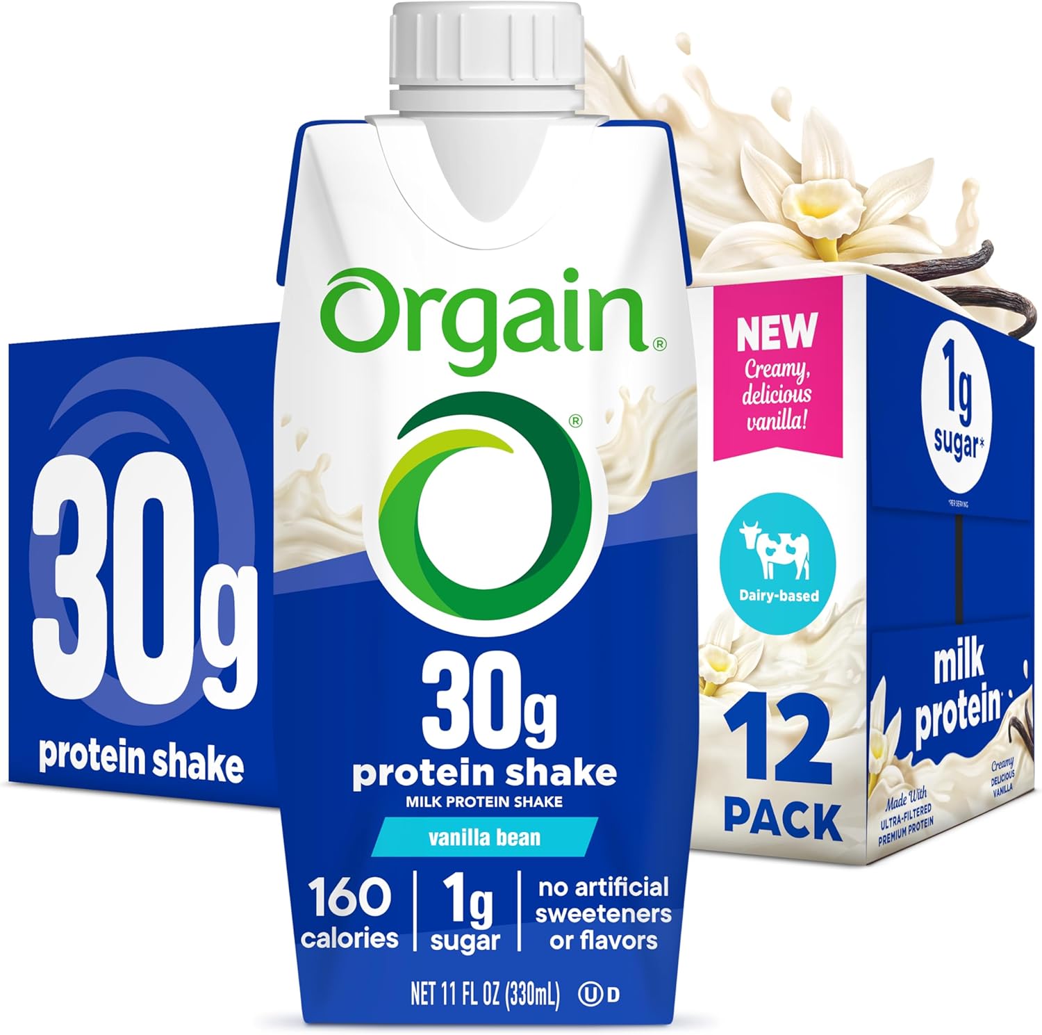 Orgain 30G High Protein Shake, Dairy Isolate Milk Protein, Vanilla Bean, 6G Bcaas, 1G Sugar Per Serving, Meal Replacement, Ready To Drink, Keto Friendly, Gluten-Free 11 Fl Oz (Pack Of 12)
