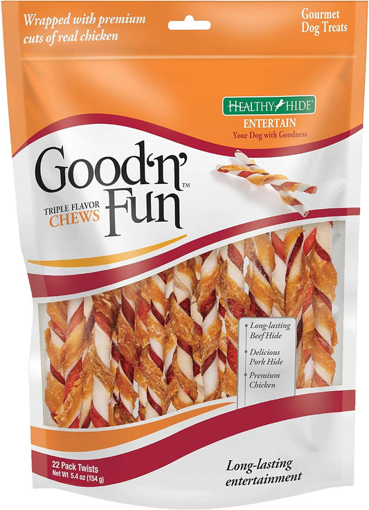Good 'N' Fun Triple Flavor Twist Rawhide Treats For Dogs, 22 Count (7 Pack)