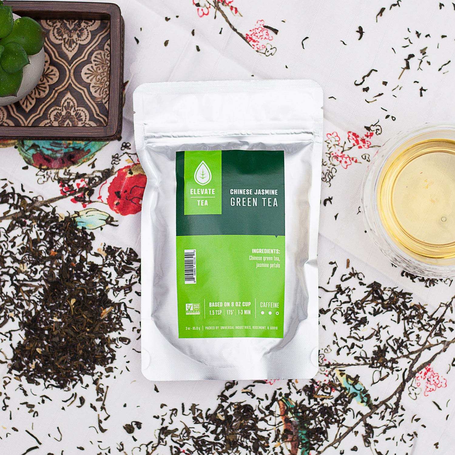 Elevate Tea Chinese Jasmine Tea - Loose Leaf Green Tea, Medium Caffeine, 3 Oz Pouch - 30 Cups, Hot & Iced Tea, No Artificials, Unsweetened Jasmine Tea Loose Leaf, 3 Pack