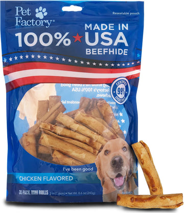 Pet Factory 100% Made In Usa Beefhide 3-3.5" Mini Rolls Dog Chew Treats - Chicken Flavor, 35 Count/1 Pack