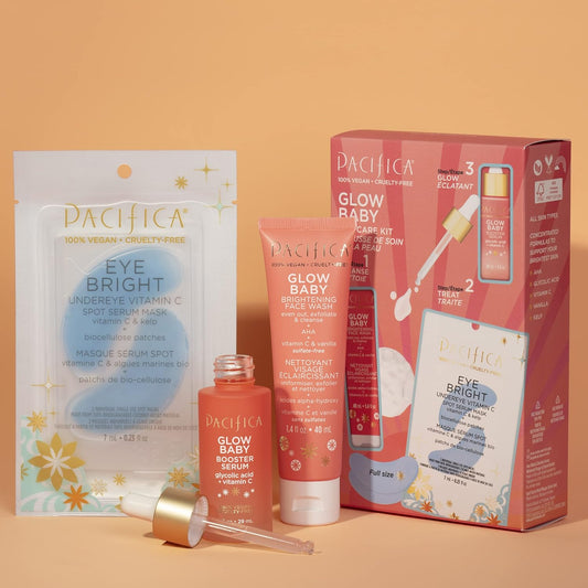 Pacifica Beauty | Glow Baby Vitamin C Trial + Value Kit | 3-Piece Skin Care Gift Set | Travel Friendly | Brightening Face Serum, Face Wash/Cleanser, Under Eye Patches | Glycolic Acid, AHA | Vegan