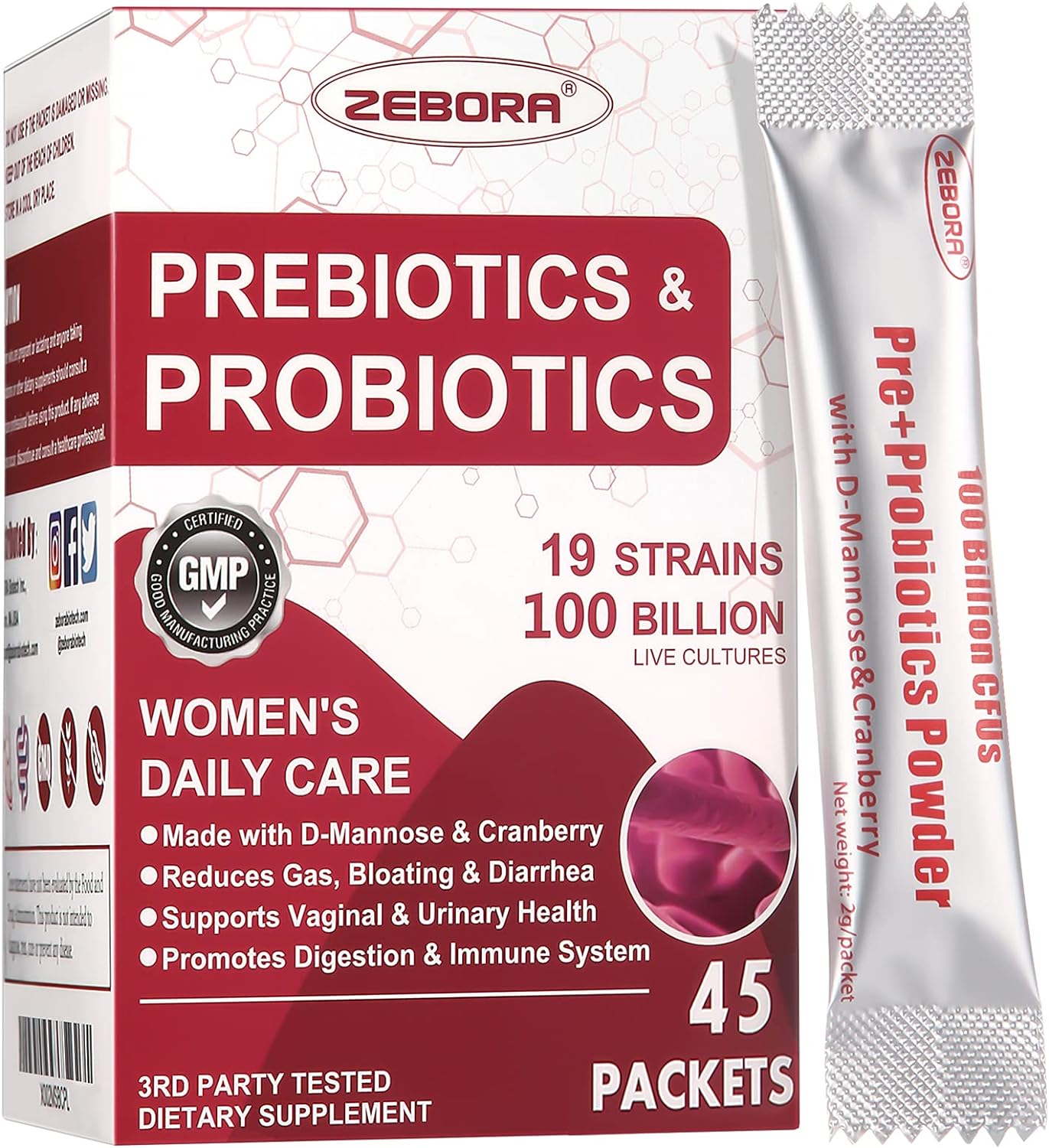 Zebora Probiotics-For-Women 100-Billion-Cfus With Prebiotics, D-Mannose & Cranberry For Digestive, Immune, Feminine Ut Health Support, Ultimate Probiotic Women'S Care, Soy & Gluten Free, 45 Packets