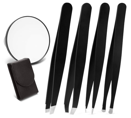 Brilliant Beauty 4-Piece Professional Tweezer Set With Case & Mirror By Precision Tweezers Kit Slant, Pointed, Curved & Flat Tips For Eyebrow, Ingrown Hair, Splinter Removal, Black, 1 Count