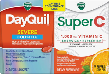 Vicks Dayquil & Super C Convenience Pack: Dayquil Severe Medicine For Cold & Flu Relief, Conveniently Packaged With Super C Energize And Replenish* Daily Supplement With Vitamin C, B Vitamins, 52Ct