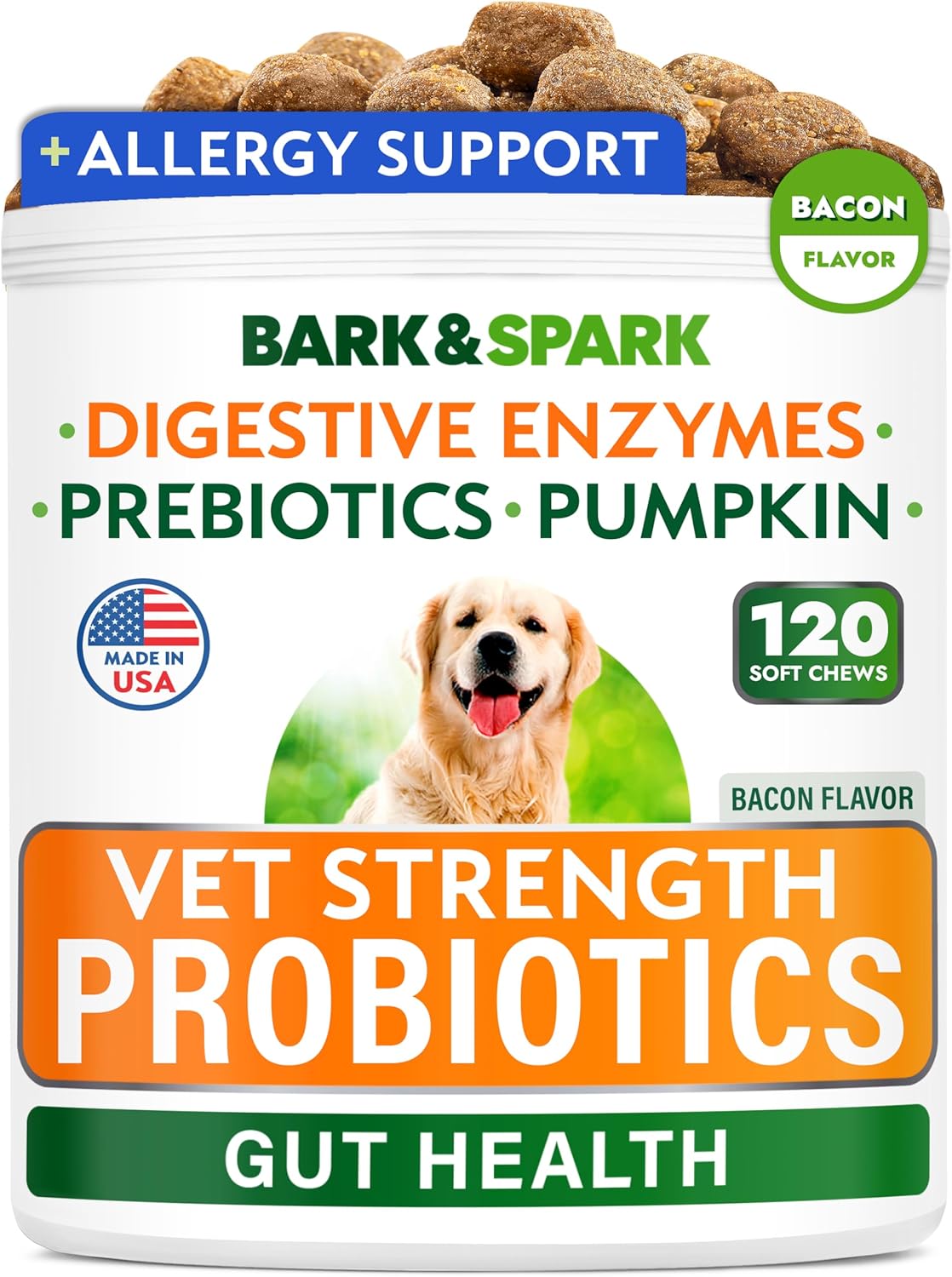 Bark&Spark Vet Strength Dog Probiotics Chews & Digestive Enzymes For Allergies Itchy Skin - Dogs Digestive Health - Gas, Diarrhea, Constipation Relief Pills - Prebiotics For Dogs Gut Health (120 Ct)