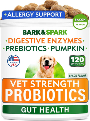 Bark&Spark Vet Strength Dog Probiotics Chews & Digestive Enzymes For Allergies Itchy Skin - Dogs Digestive Health - Gas, Diarrhea, Constipation Relief Pills - Prebiotics For Dogs Gut Health (120 Ct)