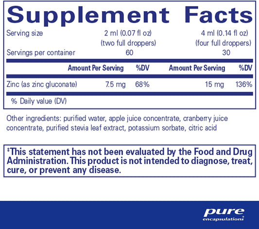 Pure Encapsulations Zinc Liquid 15 Mg | Zinc Gluconate Hypoallergenic Supplement For Immune Support | 4 Fl. Oz