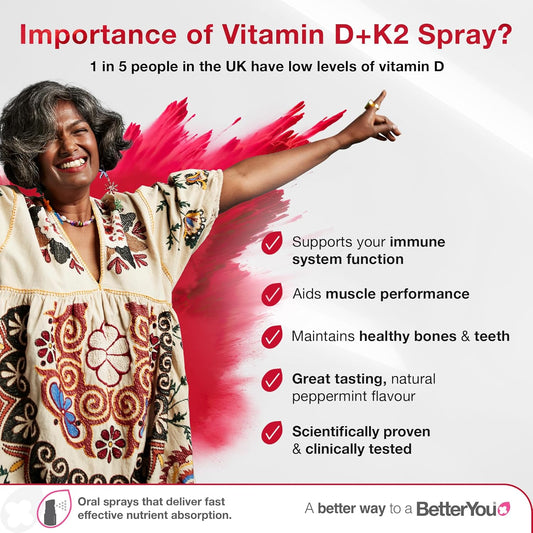 Betteryou Vitamin D3 K2 Oral Spray, Fast Acting Vitamin D 3000 Iu + Vitamin K2 (Mk7) Supplement, Supports Bones, Teeth, Immune System & Blood Clotting, 1-Month Supply, Natural Peppermint Flavour