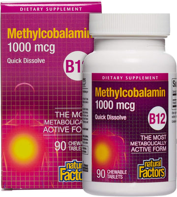 Natural Factors, Vitamin B12 Methylcobalamin 1000 Mcg, Chewable Support For Energy And Immune Health, Vegetarian, Gluten Free, 90 Tablets (90 Servings)