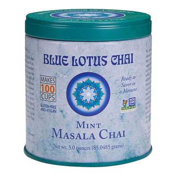 Blue Lotus Chai - Mint Flavor Masala Chai - Makes 100 Cups - 3 Ounce Masala Spiced Chai Powder With Organic Spices - Instant Indian Tea No Steeping - No Gluten