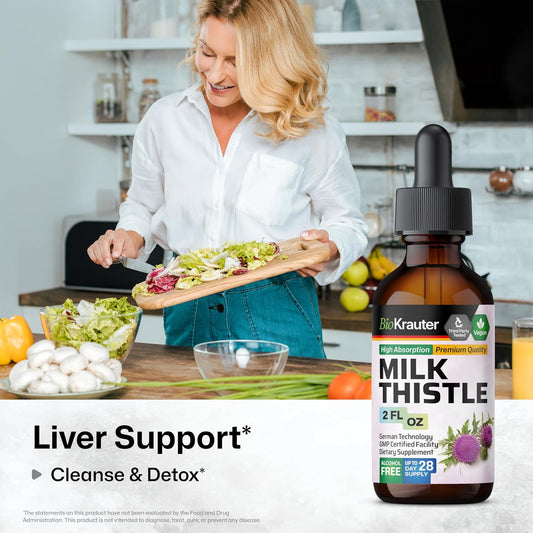 Bio Krauter Milk Thistle Extract Liquid - Silymarin Milk Thistle Supplement - Vegan, Alcohol & Sugar Free Liver Cleanse Detox Drops - 4 Fl Oz