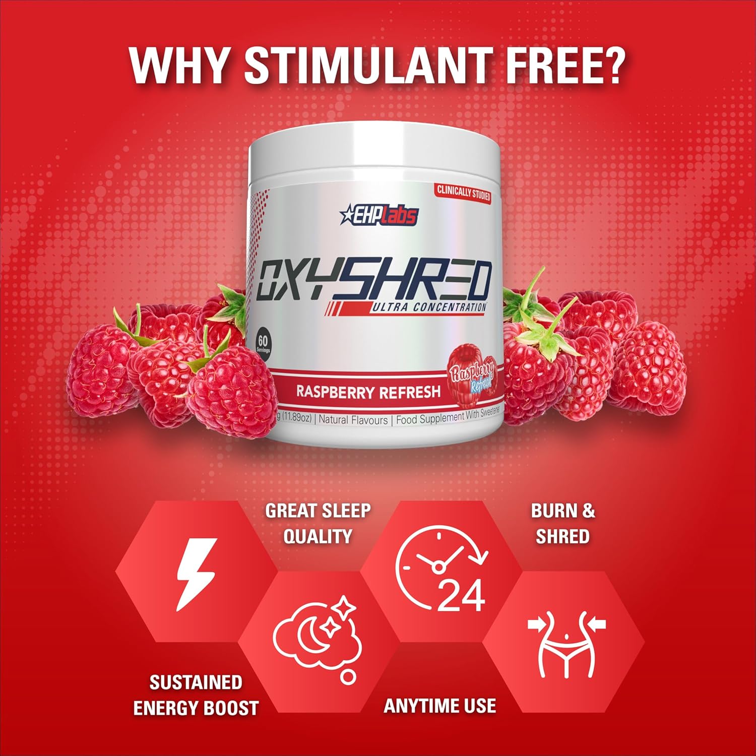 Ehp Labs Oxyshred Non Stimulant Pre Workout Powder - Stim Free, Caffeine Free Preworkout For Men & Women - Non Stim Preworkout - Sugar Free Energy Powder - Raspberry, 60 Servings : Health & Household