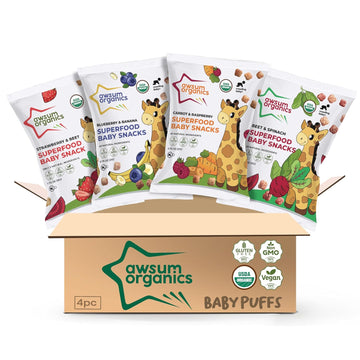 Awsum Organics Baby Snacks - Happy Healthy Baby Food - Snack For Babies - Vegan Kosher Gluten Free - Natural Plant Based Protein Puffs - Non-Allergy - No Added Sugar 0.75 Oz Bag (Variety, 4 Packs)