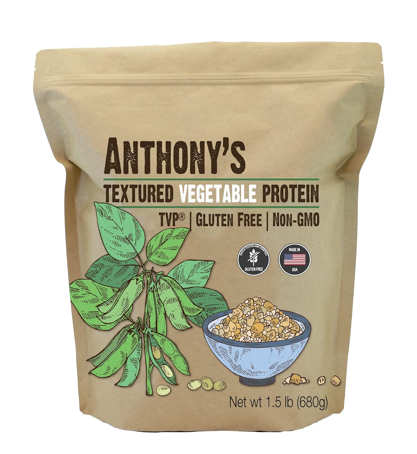 Anthony'S Textured Vegetable Protein, Tvp, 1.5 Lb, Gluten Free, Vegan, Made In Usa, Unflavored