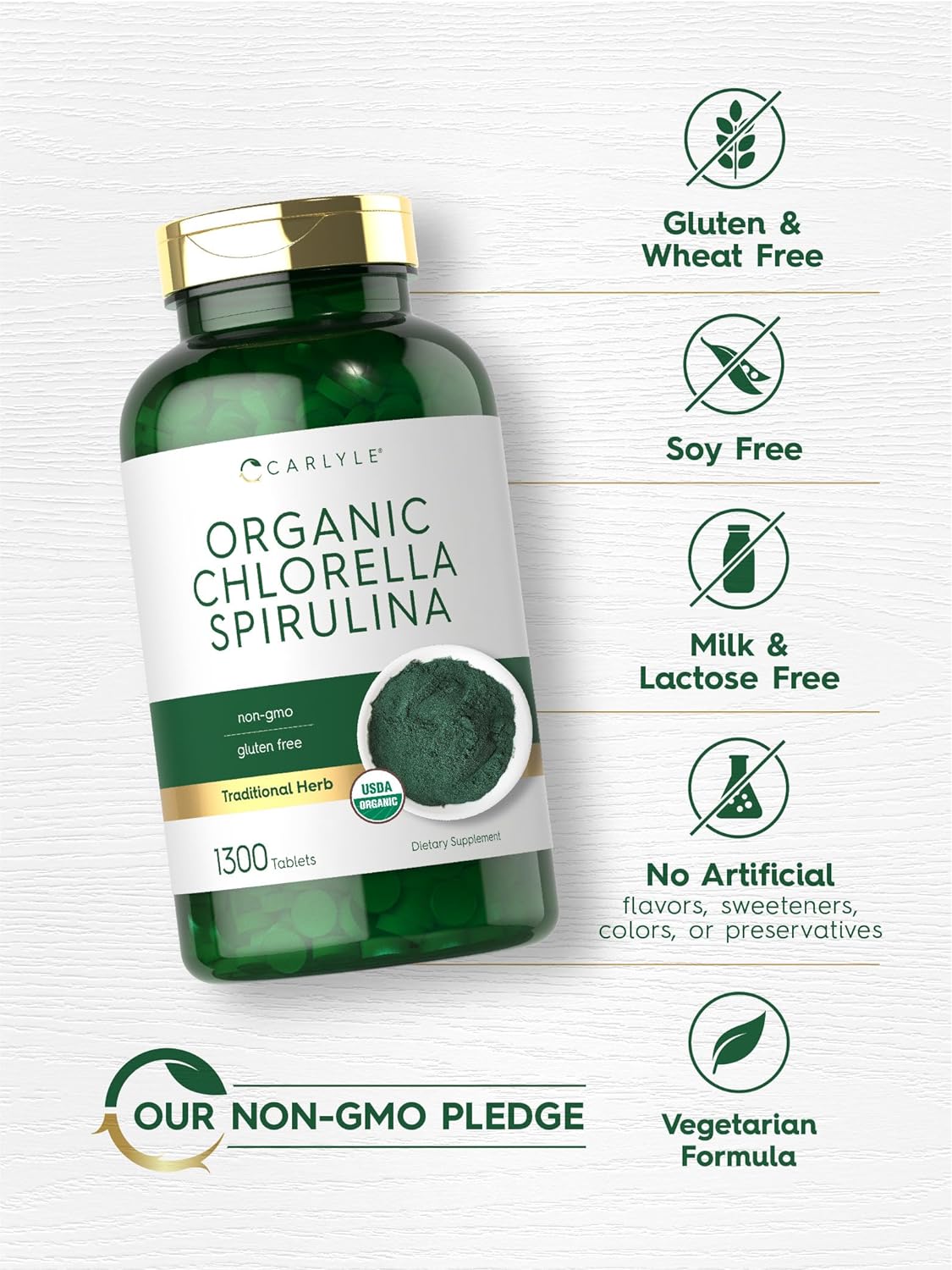 Carlyle Organic Chlorella Spirulina Tablets | 1300 Count | 50/50 Blend | Non-GMO and Gluten Free : Health & Household