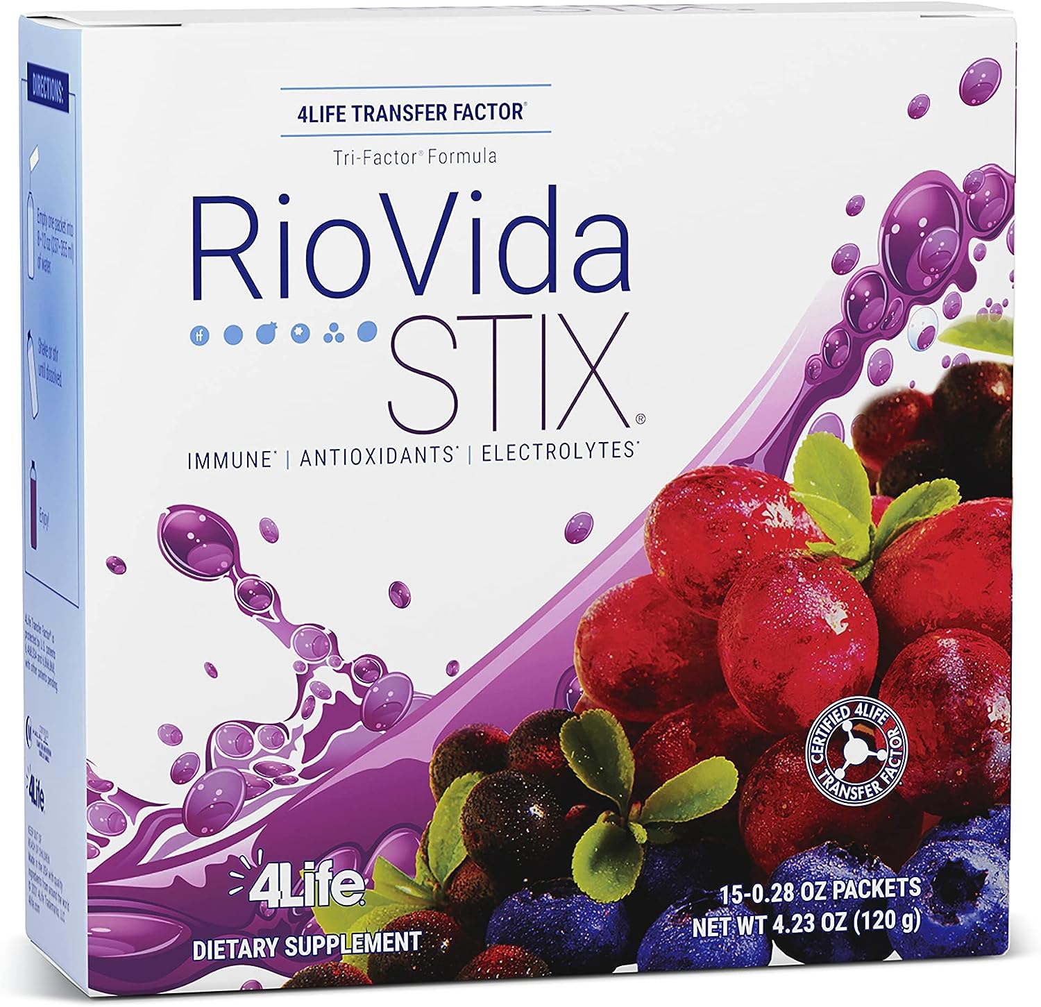 4Life Transfer Factor Riovida Stix Tri-Factor Formula - Support Healthy Immune System With Elderberry, Blueberry, Pomegranate, And Acai - Antioxidant Support - 15 Powder Packs