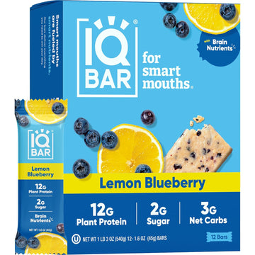 Iqbar Brain And Body Plant Protein Bars - Lemon Blueberry - 12 Count, Low Carb, High Fiber, Gluten Free, Healthy Vegan Snacks - Low Sugar Keto Bar