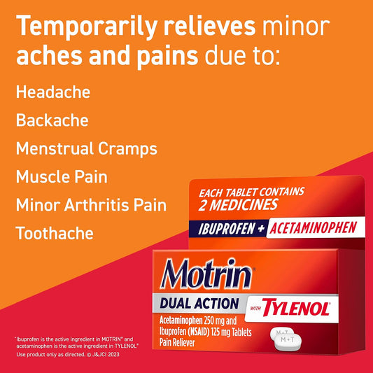 Motrin Dual Action with Tylenol, Pain Reliever Ibuprofen & Acetaminophen, Two Medicines for Minor Aches Pains, (NSAID) 125 mg Acetaminophen 250 mg, 120 ct
