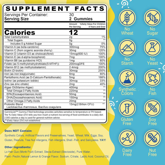 Kids Multivitamin Gummies With Iron, Sugar Free, Kids Daily Vitamins + Probiotics, Algae Omega 3 (Epa/Dha), A, C, D, Methyl B12, Folate, B6, Zinc, Biotin, For Healthy Growth, Immune Support, 60 Count