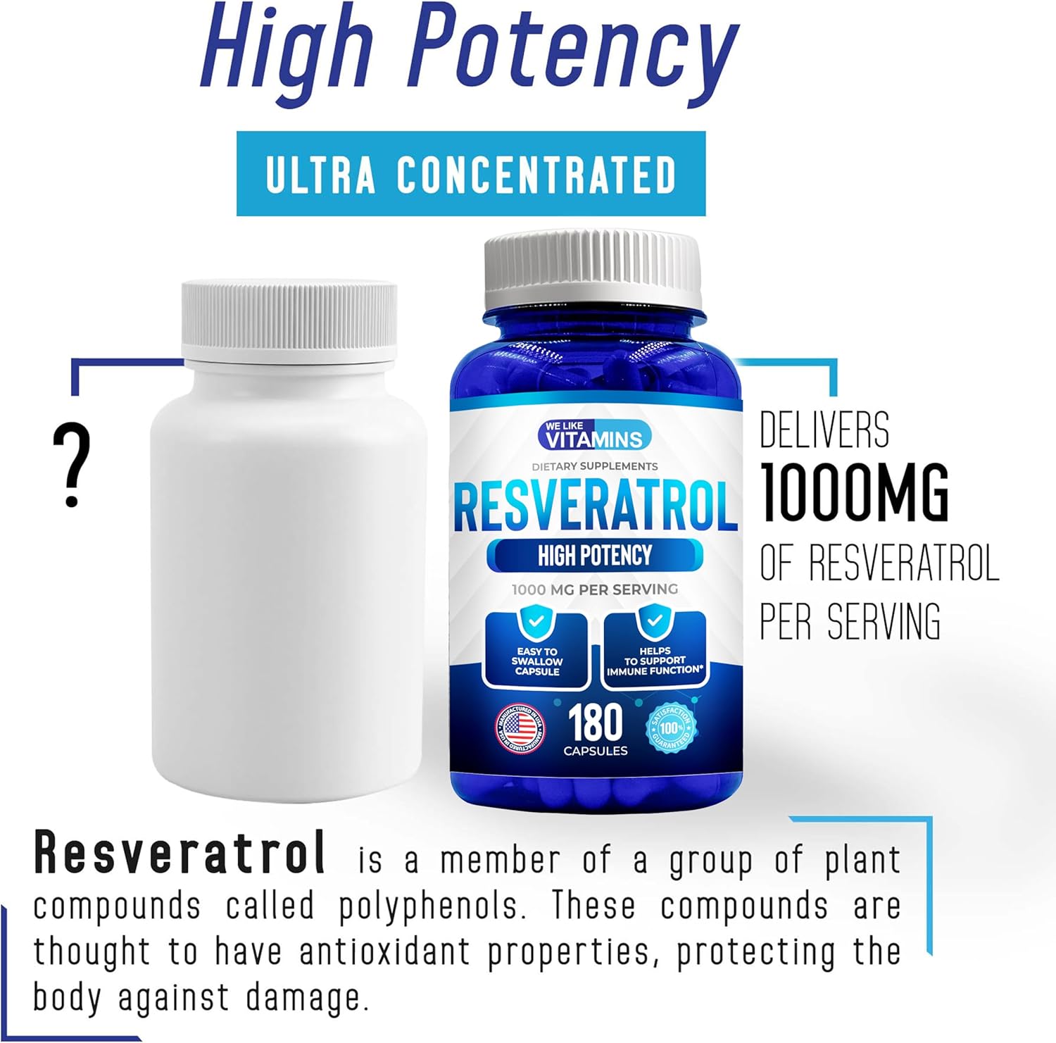 We Like Vitamins Resveratrol 1000mg per Serving - 180 Easy to Swallow Veggie Capsules - Natural Resveratrol Supplement 1000mg - Antioxidant Supplement Helps Support Anti-Aging and Immune System : Health & Household