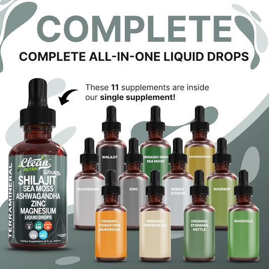 Clean Nutraceuticals Shilajit Liquid Drops With Sea Moss, Ashwagandha, Zinc, Magnesium, Liquid Vitamins For Women And Men - Terra Mineral